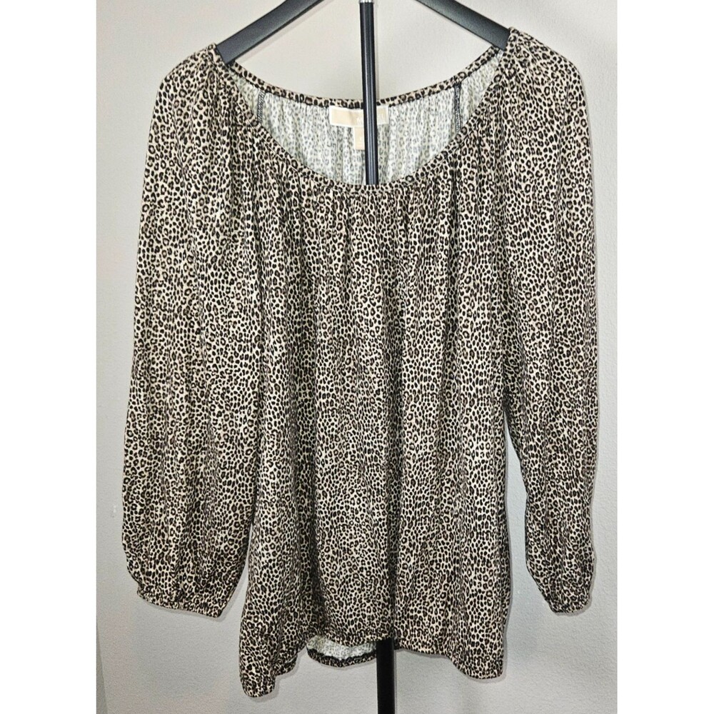 Michael Kors Womens XL Leopard Print Peasant Top Brown Animal Print Blouse NWT